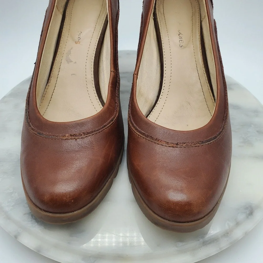 Hush Puppies‎ Spaniel Pump Dachshund Brown Leather Block Heel Comfort Shoes 8.5